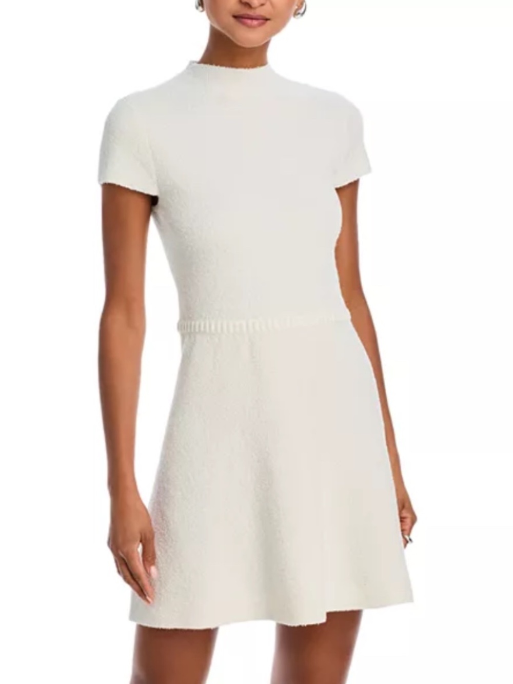 AQUA Bouclé Knit Mock Neck A-Line Short Sleeve Mini Dress Ivory Size XL NWT